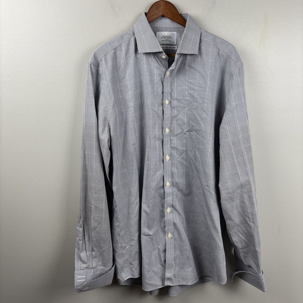 Charles Tyrwhitt Shirt Men 17-43” FRENCH CUFFS Extra Slim Fit Gray Tattersall LS - Picture 2 of 10